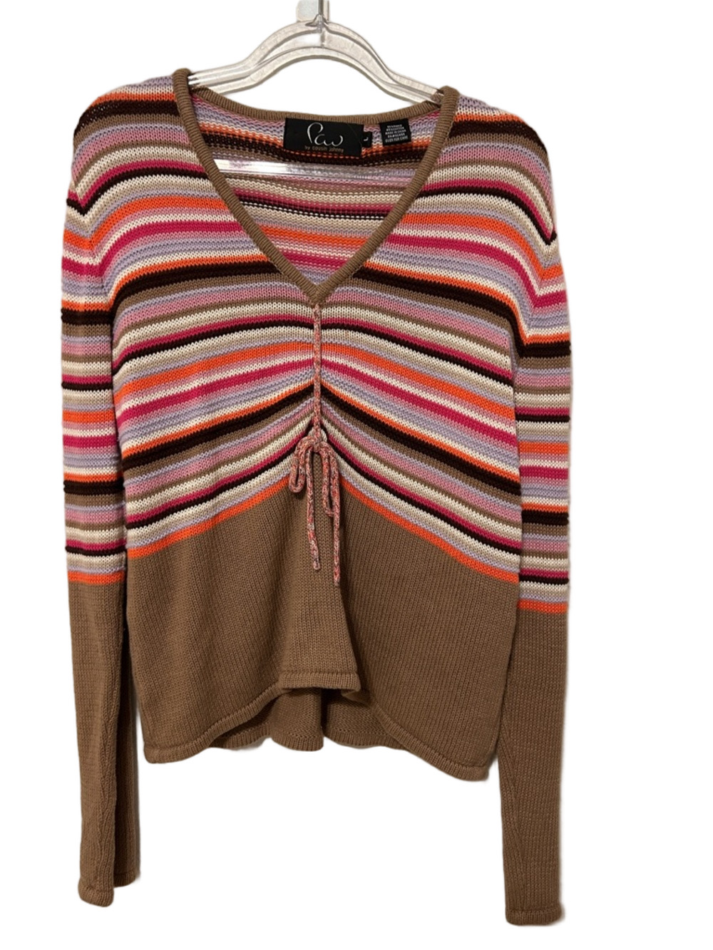 🦢PAW by cousin Johnny  V-Neck Drawstring Sweater in Brown&Multicolor Stripes L